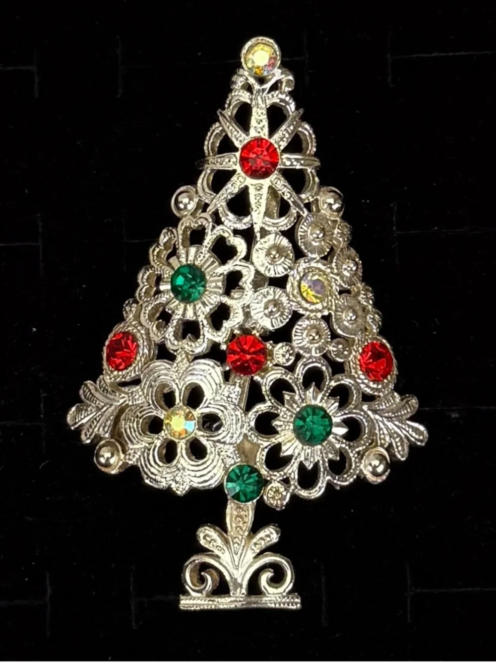 Vintage Aged Silvertone Filigree Christmas Tree Brooch Red & Green Accents